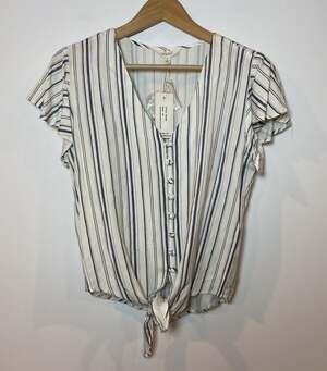NWT Sim & Sam Shirt Blouse Flutter Sleeve Tie Navy Blue White Stripe M New
